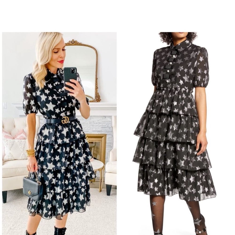 Halogen x Atlantic Pacific Metalic Silver Star Print Tiered Midi Dress
